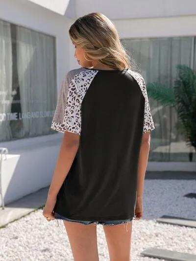 Leopard Round Neck Short Sleeve T-Shirt - Trendsi - Flyclothing LLC