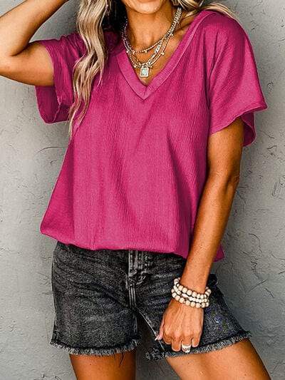 Textured V-Neck Short Sleeve T-Shirt - Trendsi - Flyclothing LLC