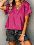 Textured V-Neck Short Sleeve T-Shirt - Trendsi - Flyclothing LLC