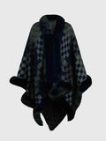 Checkered Faux Fur Trim Poncho - Trendsi - Flyclothing LLC