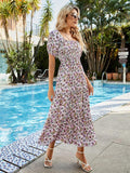 Printed Square Neck Short Sleeve Midi Dress - Trendsi