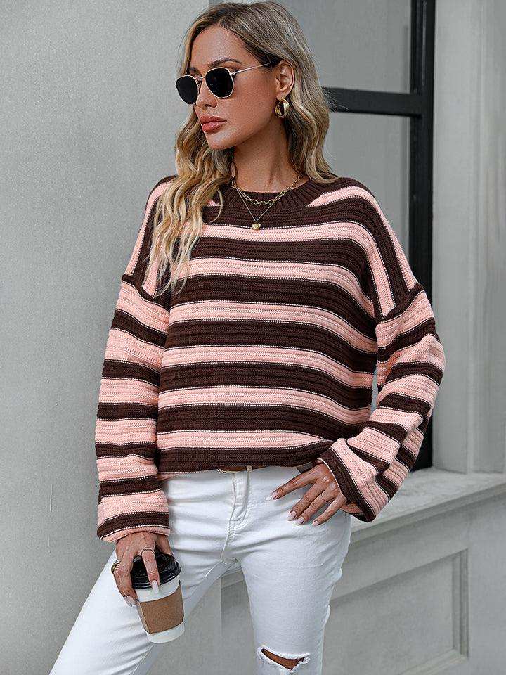 Striped Dropped Shoulder Sweater - Trendsi - Flyclothing LLC