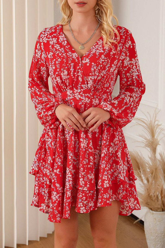 Printed Surplice Balloon Sleeve Layered Dress - Trendsi - Flyclothing LLC