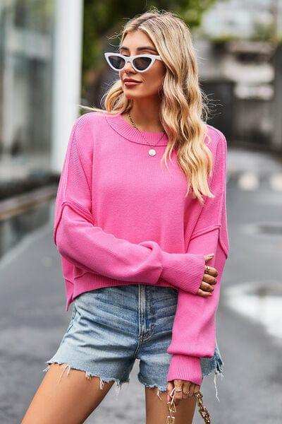 Round Neck Drop Shoulder Long Sleeve Sweater - Trendsi - Flyclothing LLC