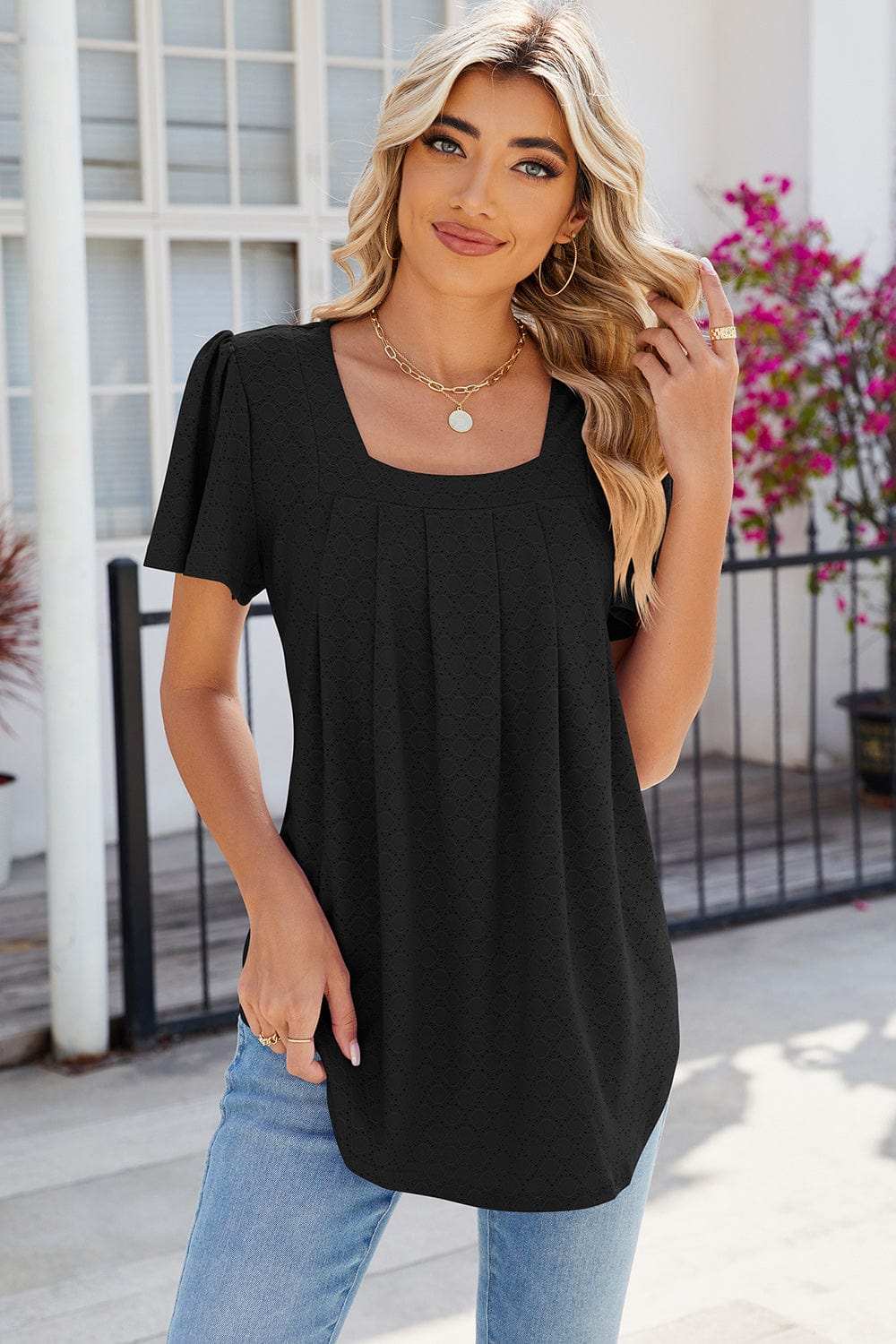 Eyelet Square Neck Flutter Sleeve Blouse - Trendsi - Flyclothing LLC