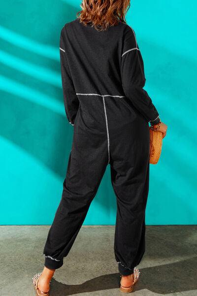 Contrast Stitching Pocketed Dropped Shoulder Jumpsuit - Trendsi