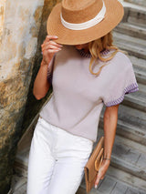 Contrast Round Neck Short Sleeve Knit Top - Trendsi - Flyclothing LLC