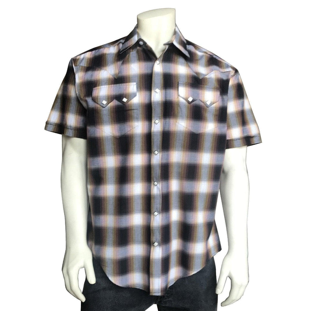 Men's Brown & White Shadow Plaid Short Sleeve Western Shirt - Rockmount Clothing