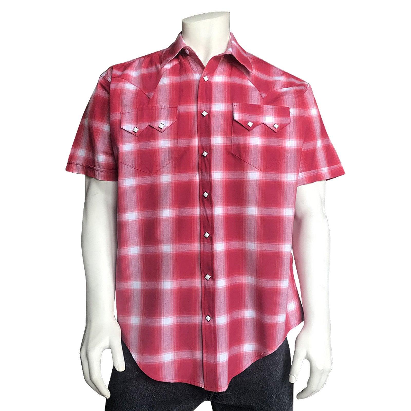 Men's Red & White Shadow Plaid Short Sleeve Western Shirt - Flyclothing LLC