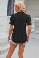 Eyelet Johnny Collar Short Sleeve Blouse - Trendsi - Flyclothing LLC