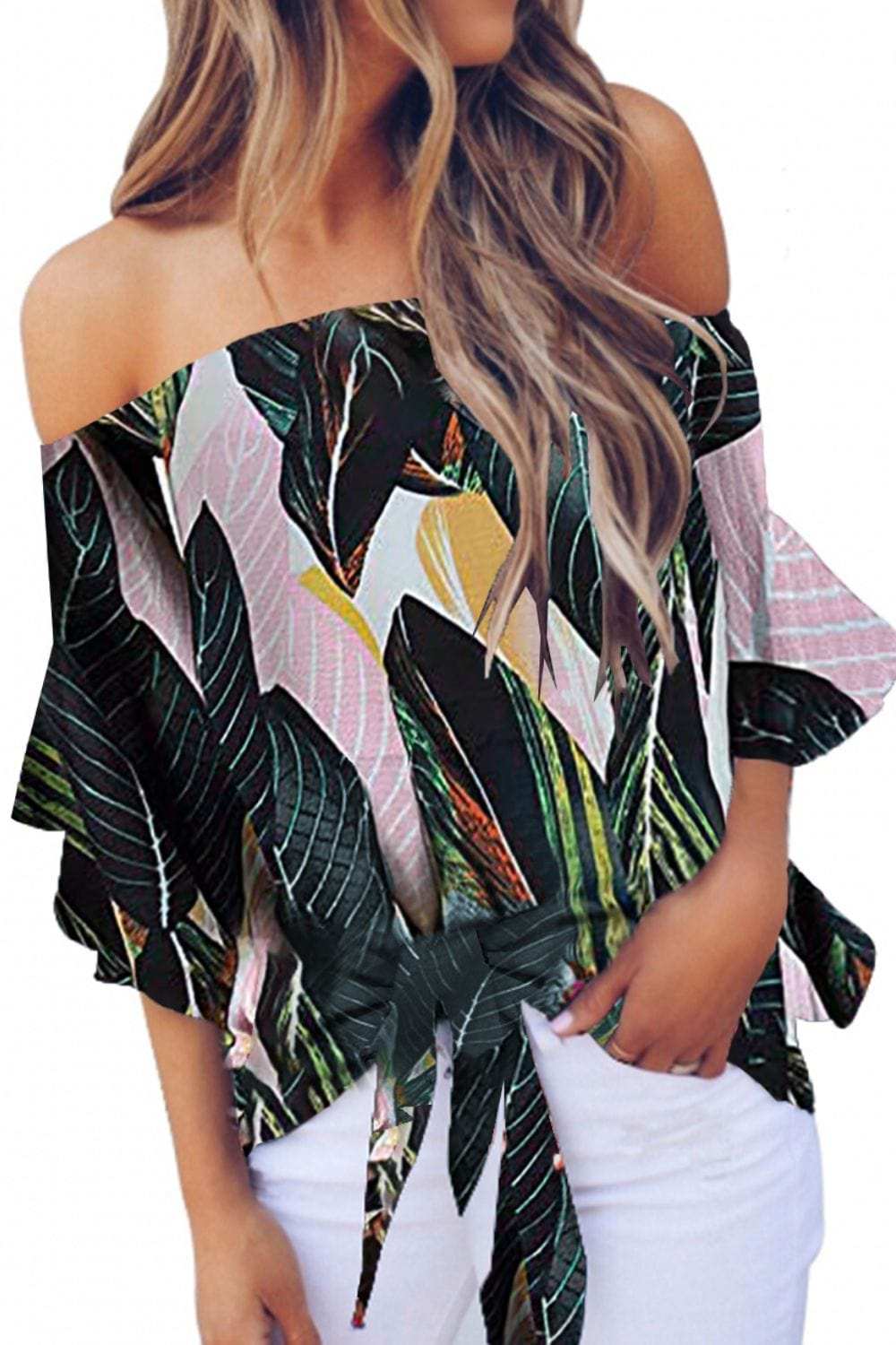 Tied Printed Off-Shoulder Half Sleeve Blouse - Trendsi - Flyclothing LLC