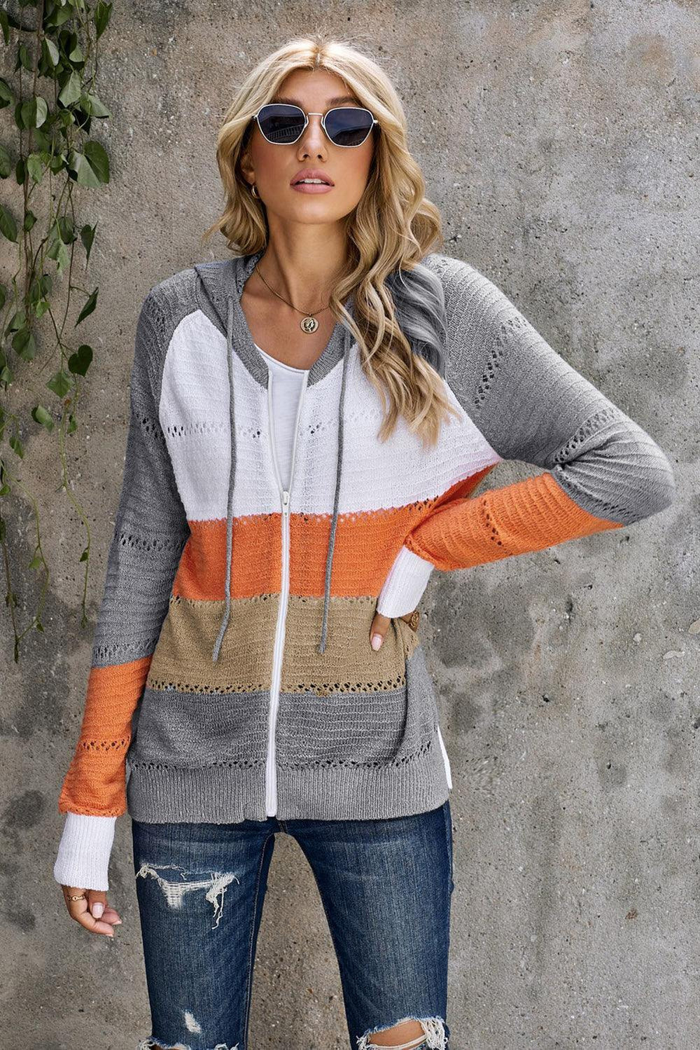 Zip-Up Raglan Sleeve Openwork Hooded Cardigan - Flyclothing LLC