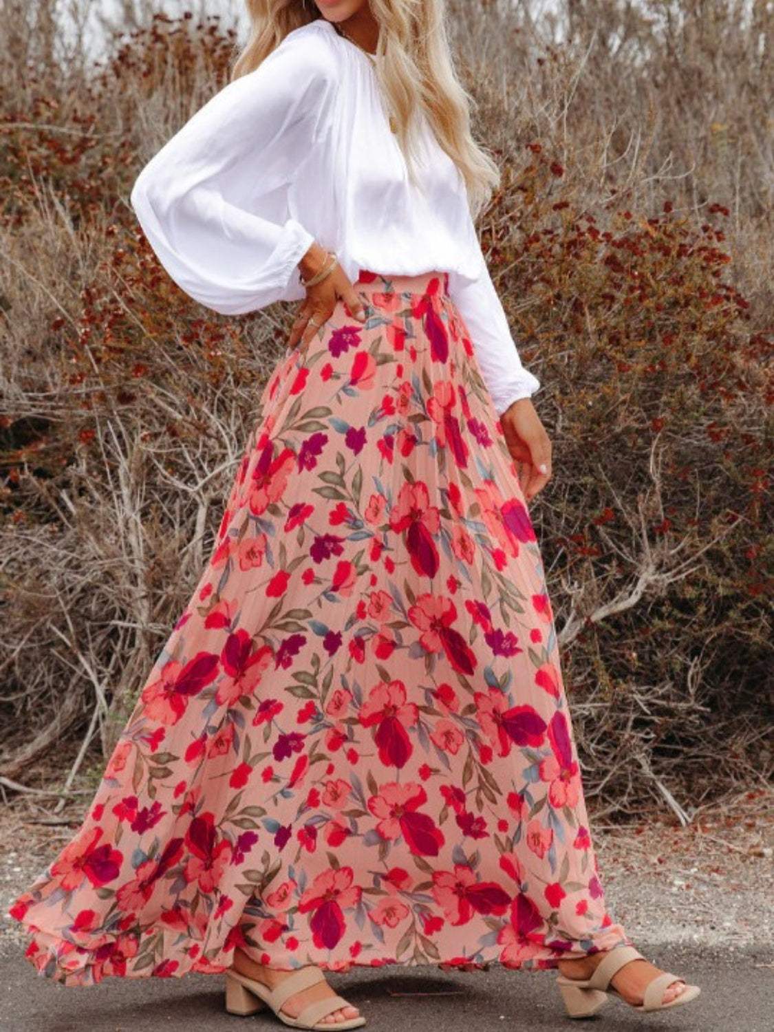 Printed Elastic Waist Pleated Maxi Skirt - Trendsi - Flyclothing LLC