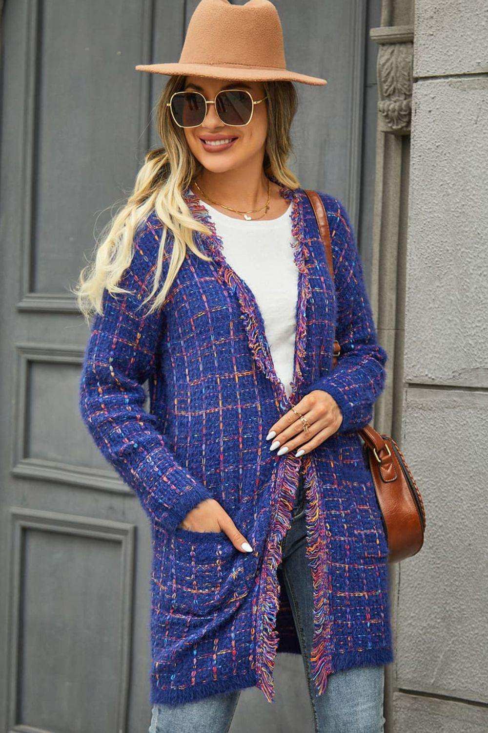 Plaid Fringe Trim Open Front Longline Cardigan - Trendsi - Flyclothing LLC