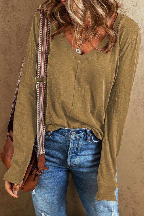 Exposed Seam V-Neck Long Sleeve T-Shirt - Trendsi - Flyclothing LLC