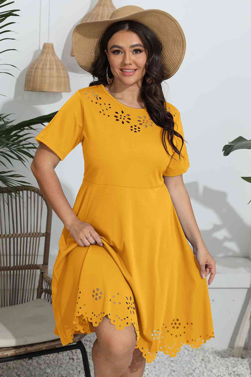 Plus Size Round Neck Openwork Dress - Trendsi - Flyclothing LLC