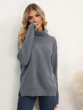 Slit Turtleneck Dropped Shoulder Sweater - Trendsi - Flyclothing LLC