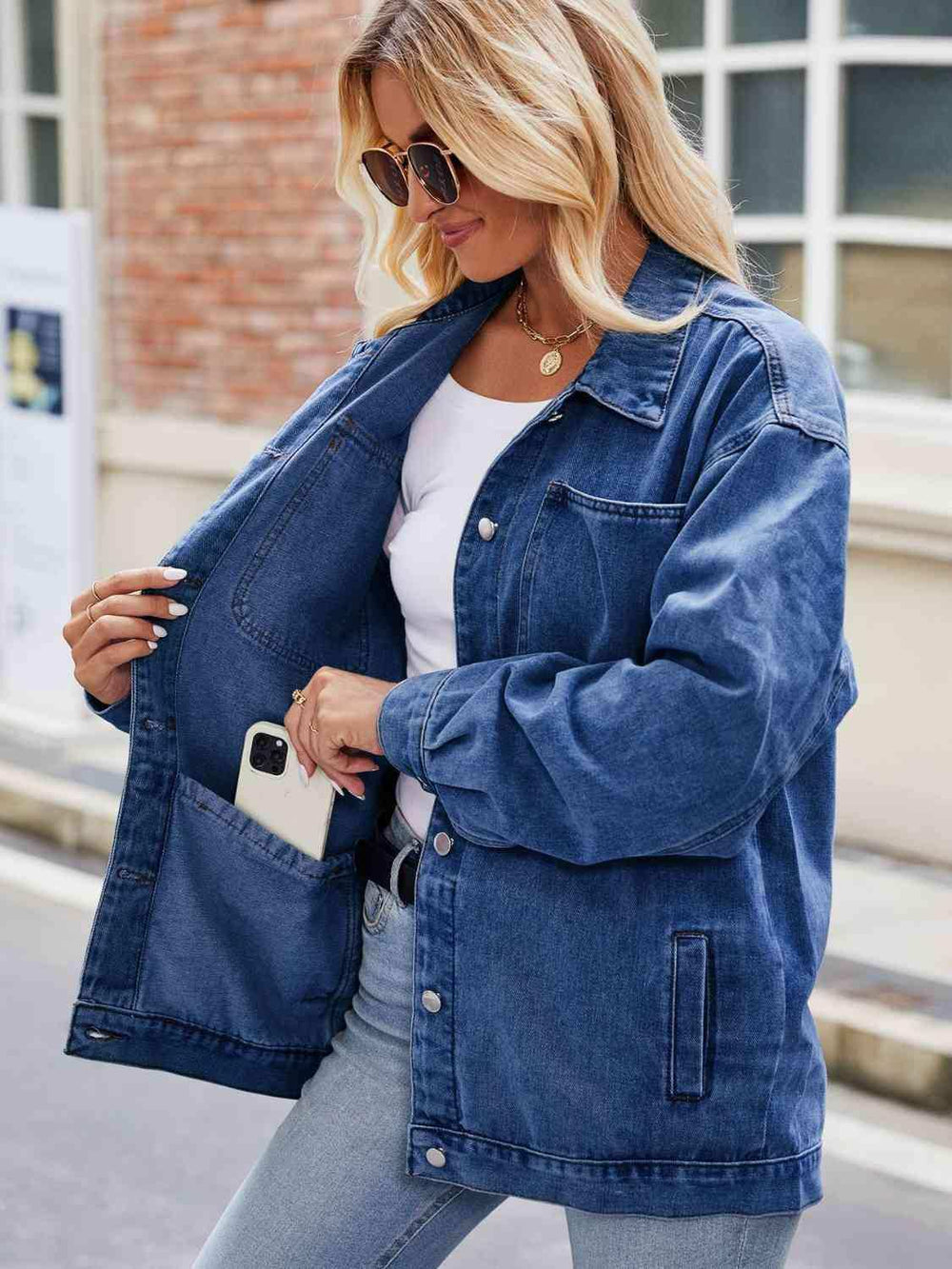 Button Up Denim Jacket with Pockets - Trendsi - Flyclothing LLC