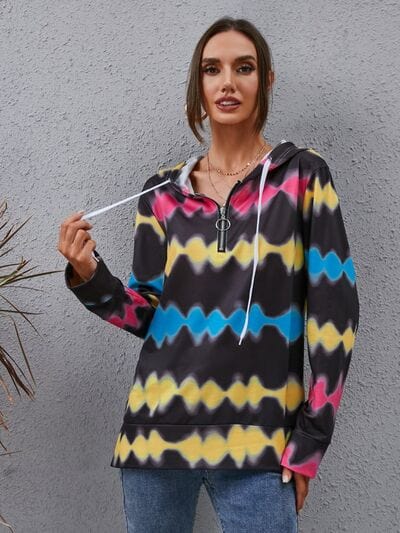 Contrast Quarter Zip Dropped Shoulder Hoodie - Trendsi