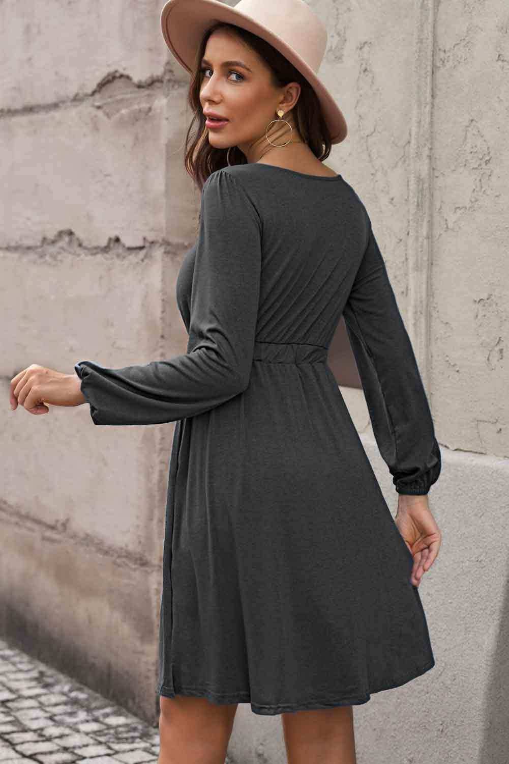 Scoop Neck Empire Waist Long Sleeve Mini Dress - Trendsi - Flyclothing LLC