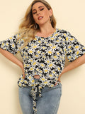 Plus Size Floral Round Neck Tie Hem Blouse - Trendsi