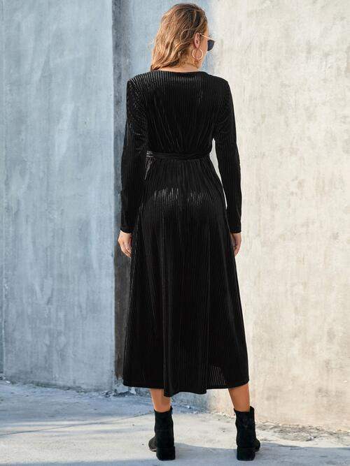 Tie Front Long Sleeve Slit Dress - Trendsi - Flyclothing LLC