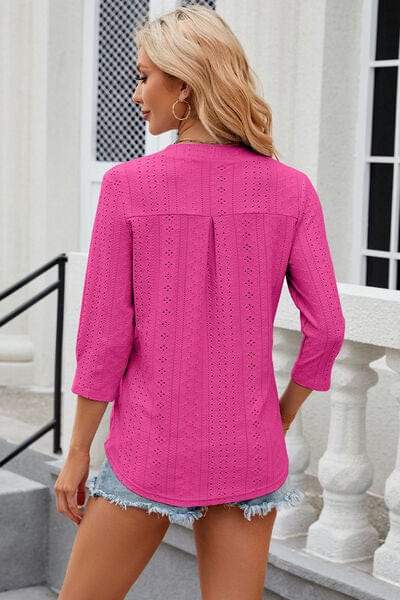Eyelet Notched Knit Jacquard Top - Trendsi - Flyclothing LLC