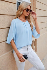Round Neck Slit Half Sleeve Top - Trendsi