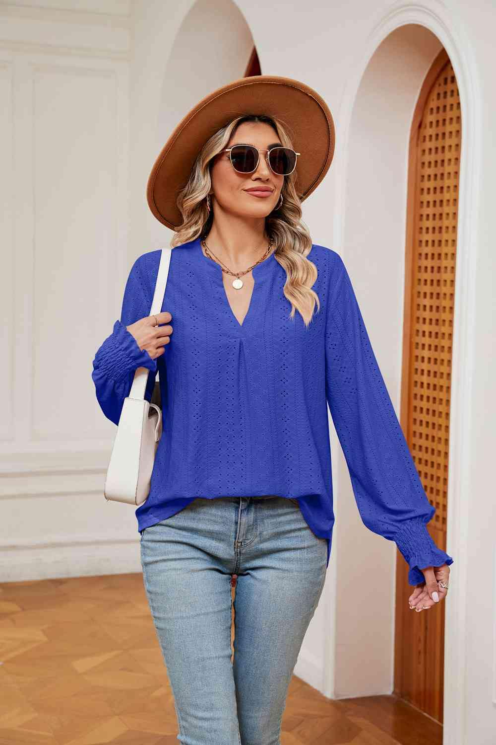 Notched Neck Flounce Sleeve Blouse - Trendsi