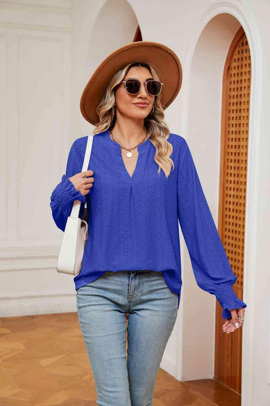 Notched Neck Flounce Sleeve Blouse - Trendsi