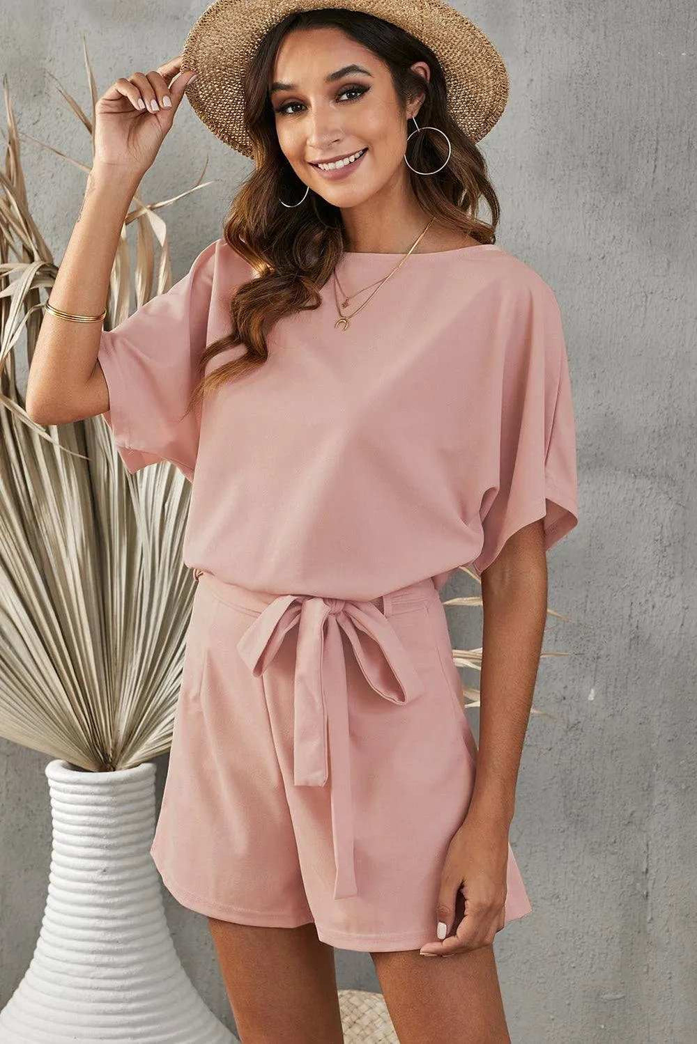 Tie Belt Short Sleeve Romper - Trendsi - Flyclothing LLC