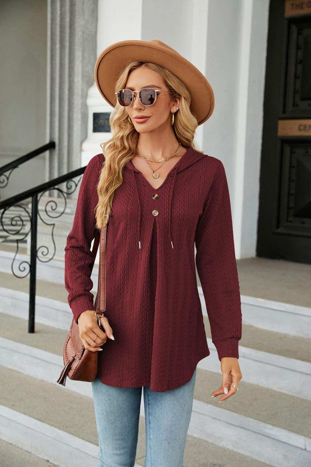 Long Sleeve Hooded Blouse - Trendsi - Flyclothing LLC