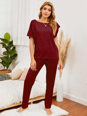 Round Neck Top and Pants Lounge Set - Trendsi