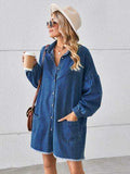 Button Up Pocketed Raw Hem Denim Dress - Trendsi - Flyclothing LLC