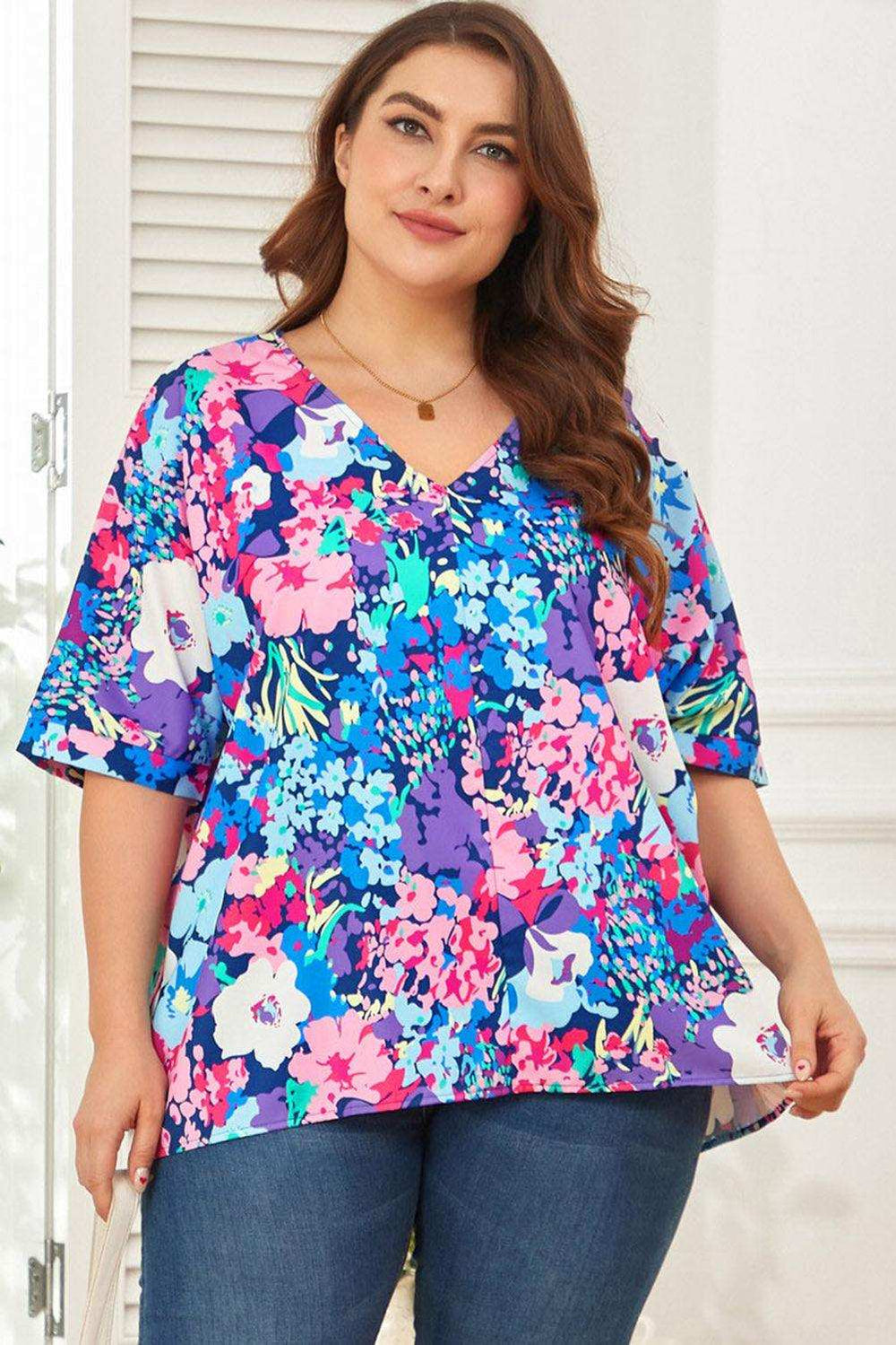 Floral Center Seam V-Neck Blouse - Trendsi - Flyclothing LLC