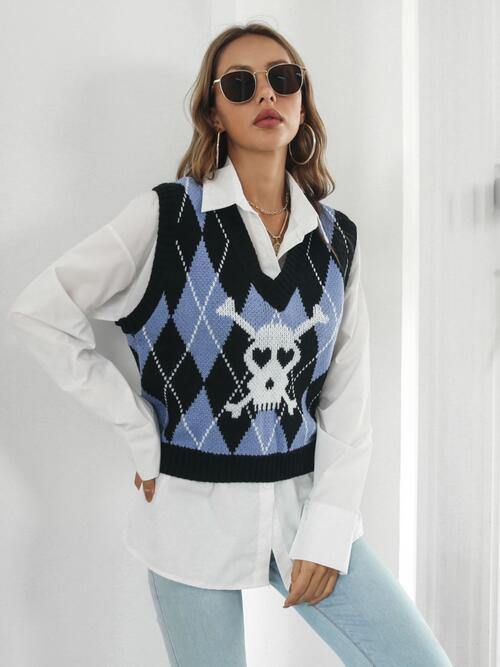 Skull Geometric V-Neck Sweater Vest - Flyclothing LLC