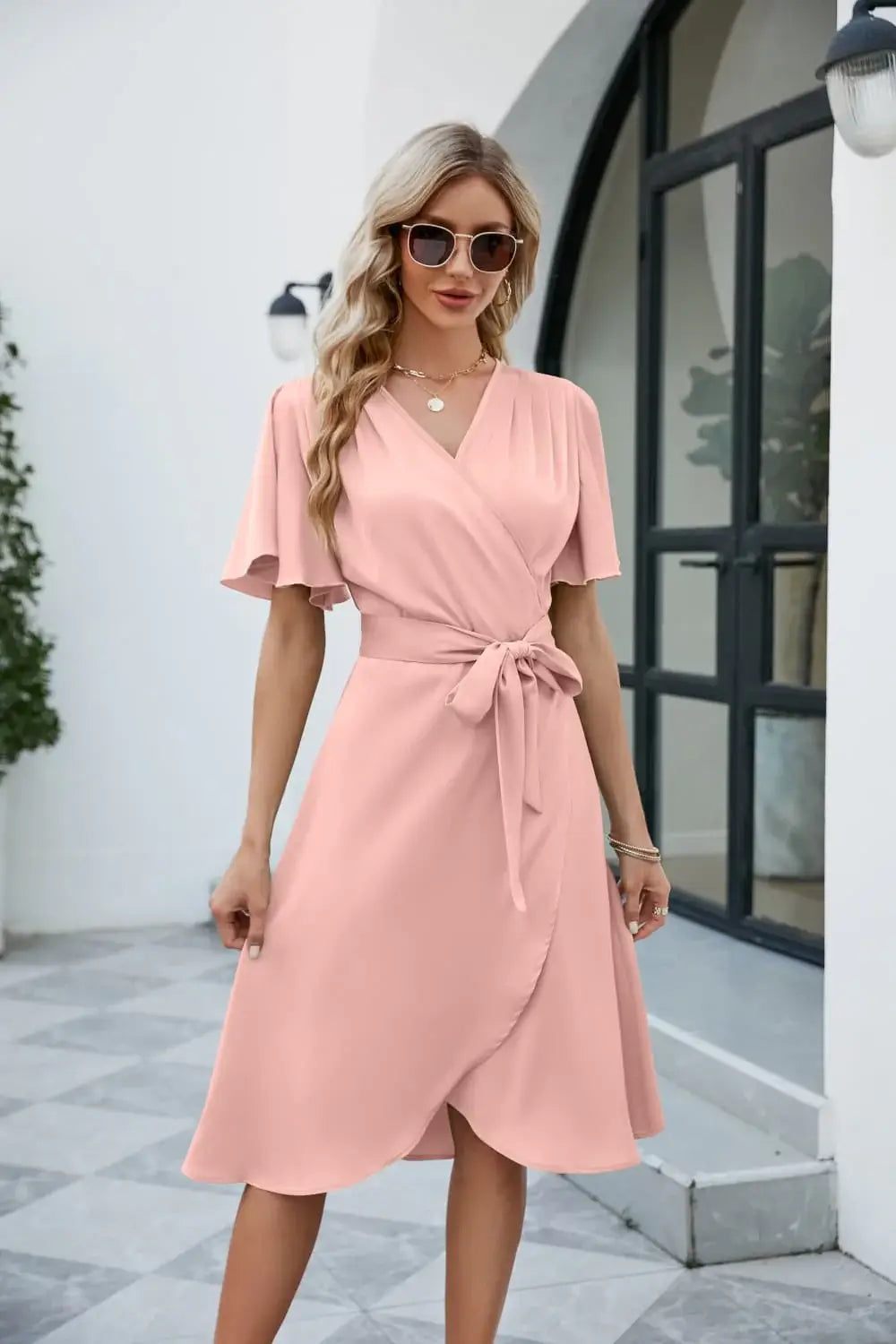 Tie Waist Flutter Sleeve Surplice Dress - Trendsi - Flyclothing LLC