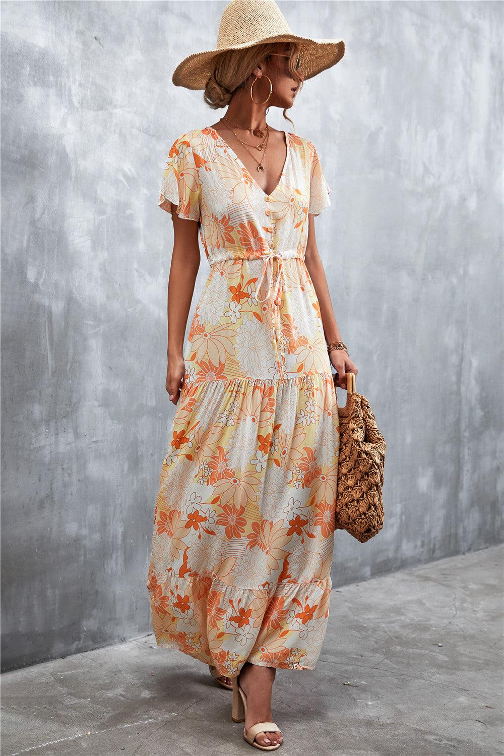Floral Buttoned Drawstring Waist Tiered Dress - Trendsi - Flyclothing LLC