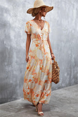 Floral Buttoned Drawstring Waist Tiered Dress - Trendsi - Flyclothing LLC