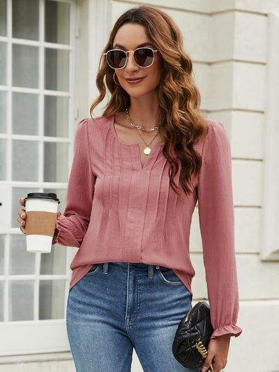 Notched Flounce Sleeve Blouse - Trendsi - Flyclothing LLC