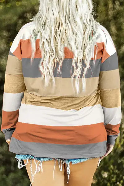 Plus Size Striped Slit Long Sleeve T-Shirt - Trendsi - Flyclothing LLC