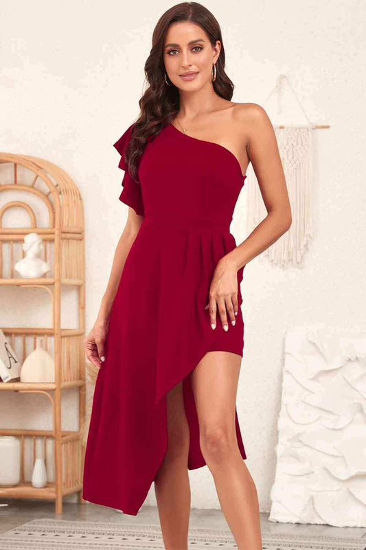 One-Shoulder Flutter Sleeve Asymmetrical Dress - Trendsi - Flyclothing LLC