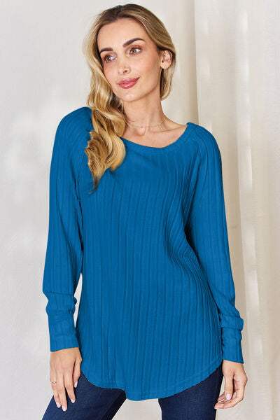 Basic Bae Full Size Ribbed Round Neck Slit T-Shirt - Trendsi - Flyclothing LLC