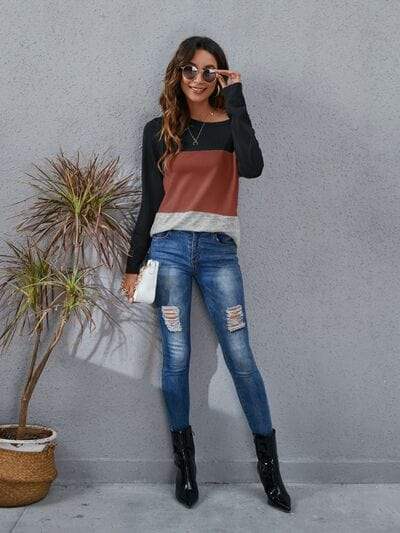 Color Block Round Neck Long Sleeve T-Shirt - Trendsi - Flyclothing LLC