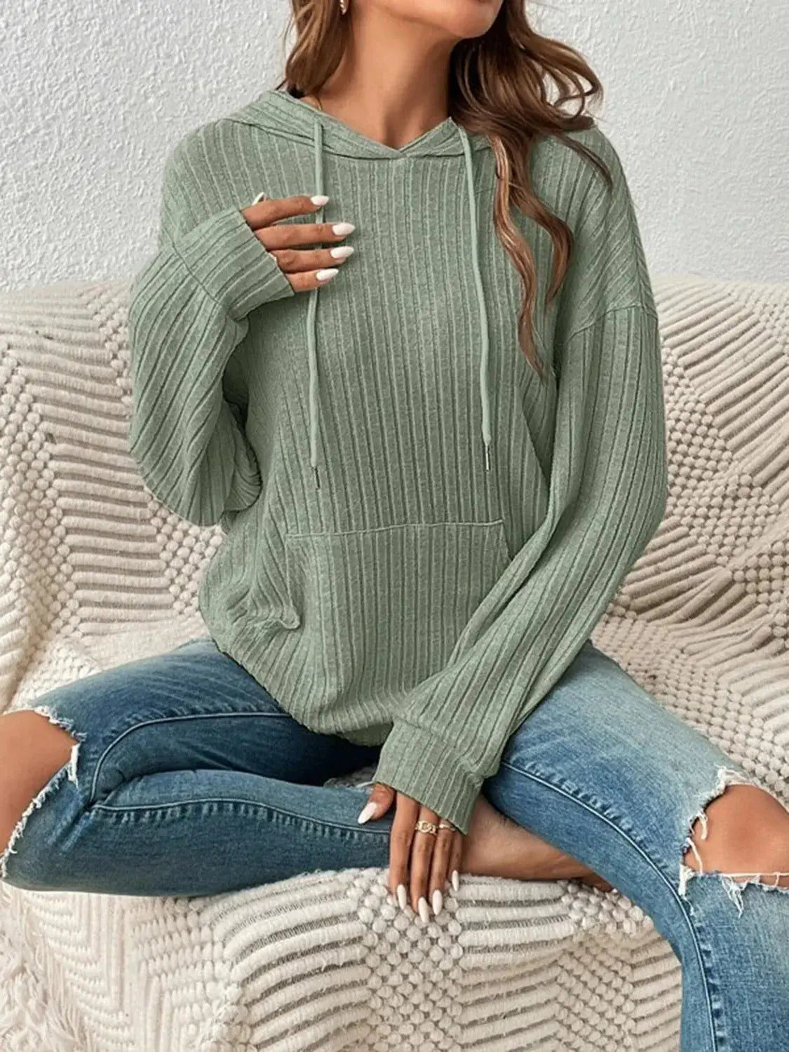 Ribbed Dropped Shoulder Drawstring Hoodie - Trendsi - Flyclothing LLC
