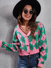 Geometric Button Up Long Sleeve Cardigan - Trendsi