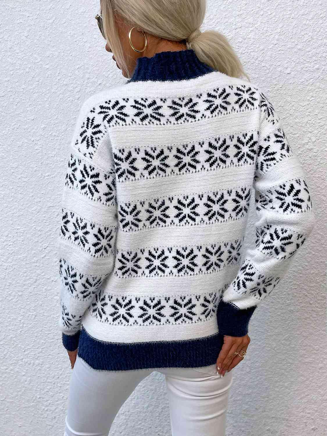 Snowflake Pattern Mock Neck Sweater - Trendsi