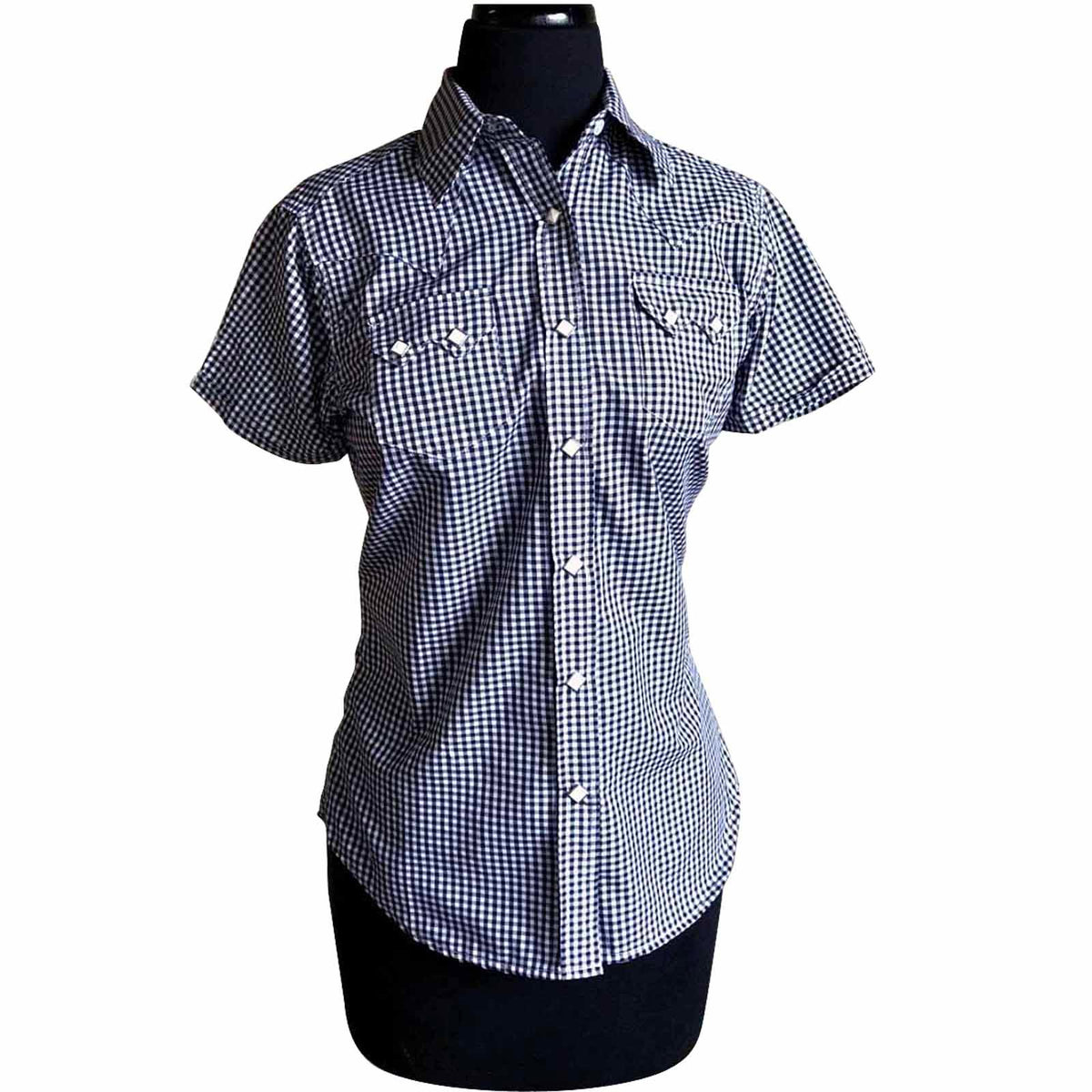 Women's Short Sleeve Navy Gingham Check Western Shirt - Flyclothing LLC