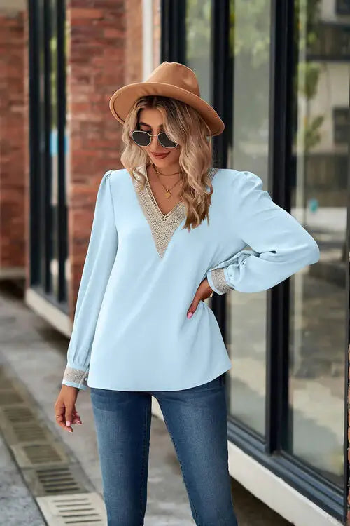 V-Neck Lace Detail Long Sleeve Top - Trendsi - Flyclothing LLC