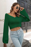 Cropped V-Neck Flare Sleeve Knit Top - Trendsi - Flyclothing LLC